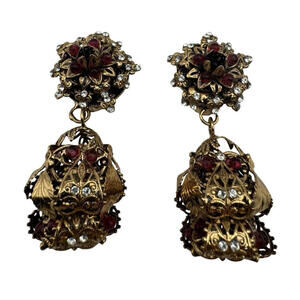 Alfredo Laggia Venezia Dangle Gold Tone Flower Berry Rhinestone Earrings